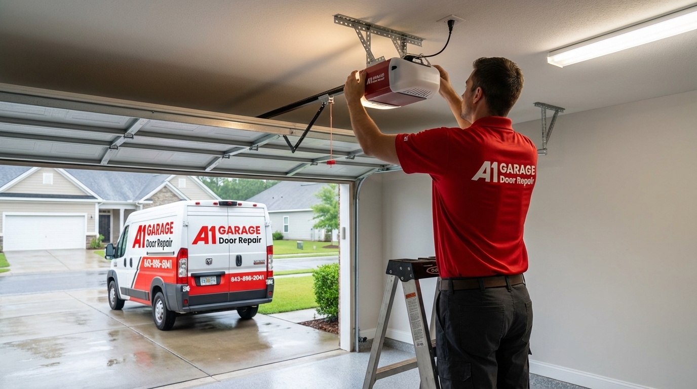 Our Technician on a ladder inspecting and repairing a garage door opener motor..jpg in Charleston, SC